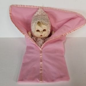 Vintage Puppet Baby Doll With Pink Blanket 16 Inches Pretend Hooded Stuffed Soft